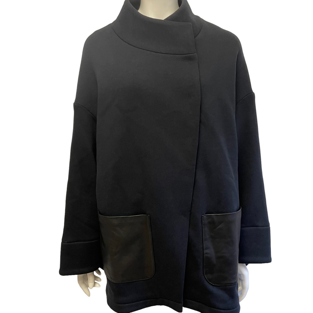Cuyana Fleece High-Low Jacket with Patch Leather Pockets Black Size Large